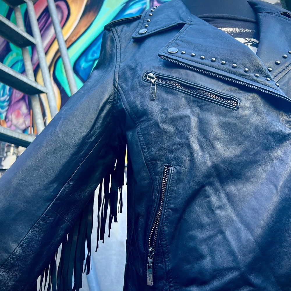 Leather Fringe Studded Motorcycle Jacket with Removable Fringe - Picture 16 of 17